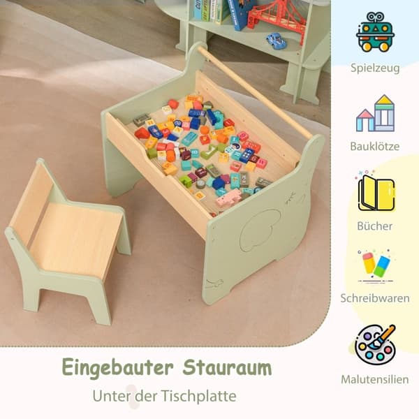 3 i 1 barnesittegruppe laget av tre, barnebord med stol, malebord for barn med vendbar bordplate