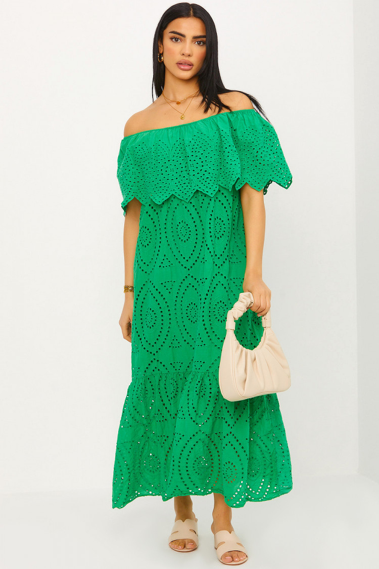 Robe verte col bardot en crochets