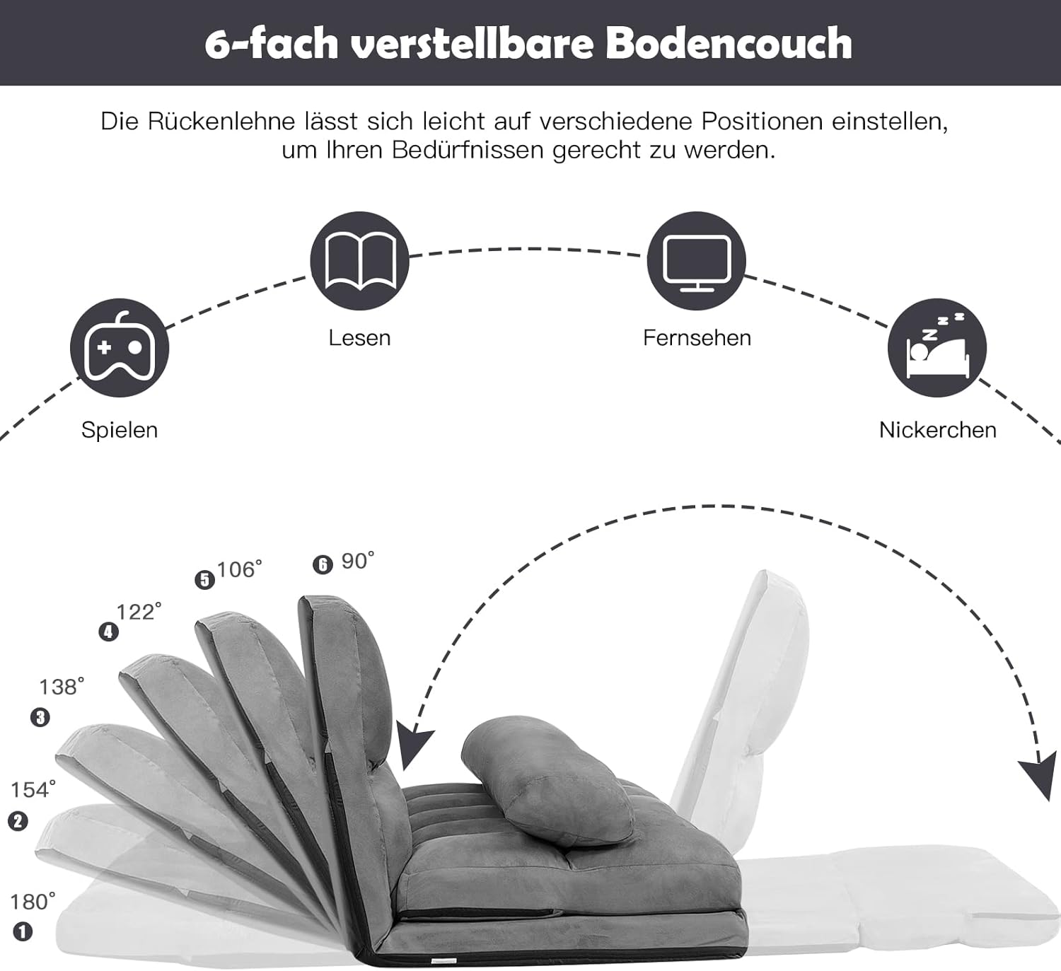 GOPLUS 2 Sitzer Bodensofa mit 2 Kissen, 3 in 1 Sofabett Liege Sofa mit 6 stufig Verstellbarer Rückenlehne, Klappsofa mit Schlaffunktion für Wohnzimmer Schlafzimmer (Grau)
