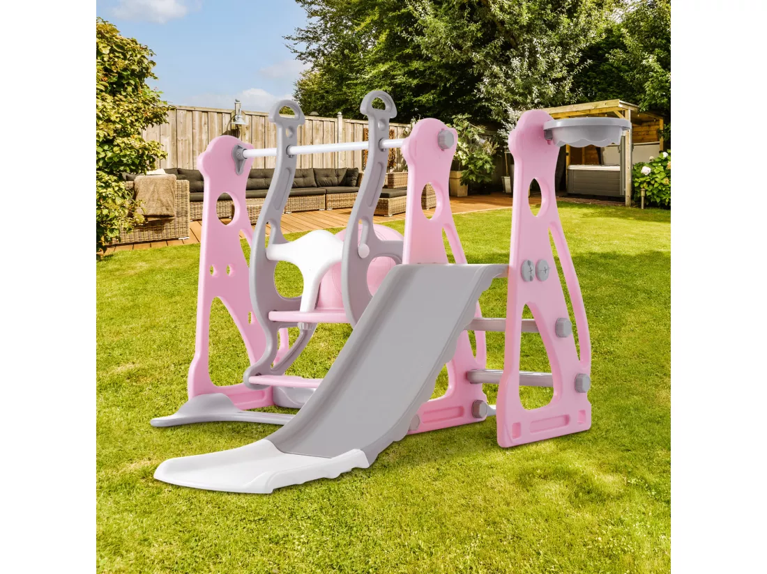 Toboggan pour enfants 4 en 1 - Convient pour l'intérieur et l'extérieur - avec balançoire, cadre de basket, toboggan, échelle - rose