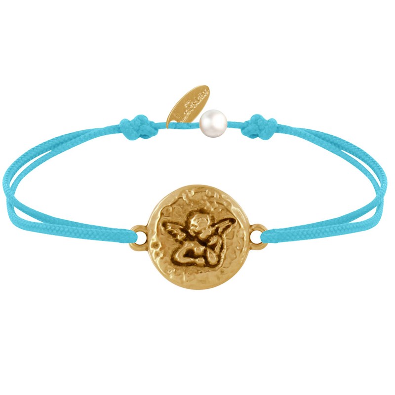 Bracelet Lien Médaille Ronde Martelée Laiton Doré Ange Raphaël - Turquoise