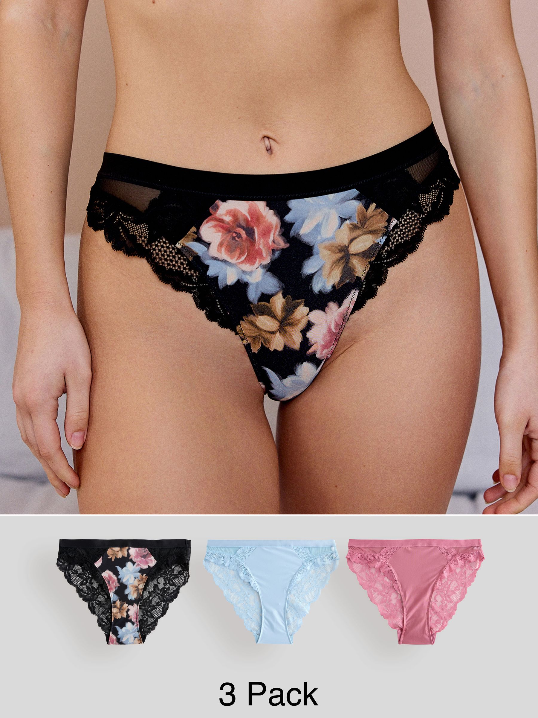 Zwart met print/roze - Slipje met kanten afwerking
