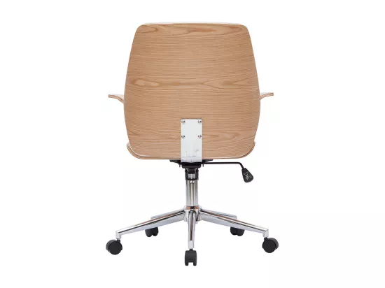 Chaise de bureau à roulettes design blanc, bois clair et acier chromé RUFIN