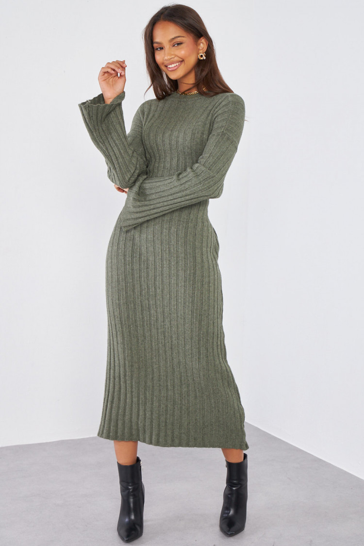 Robe kaki moulante longue côtelée