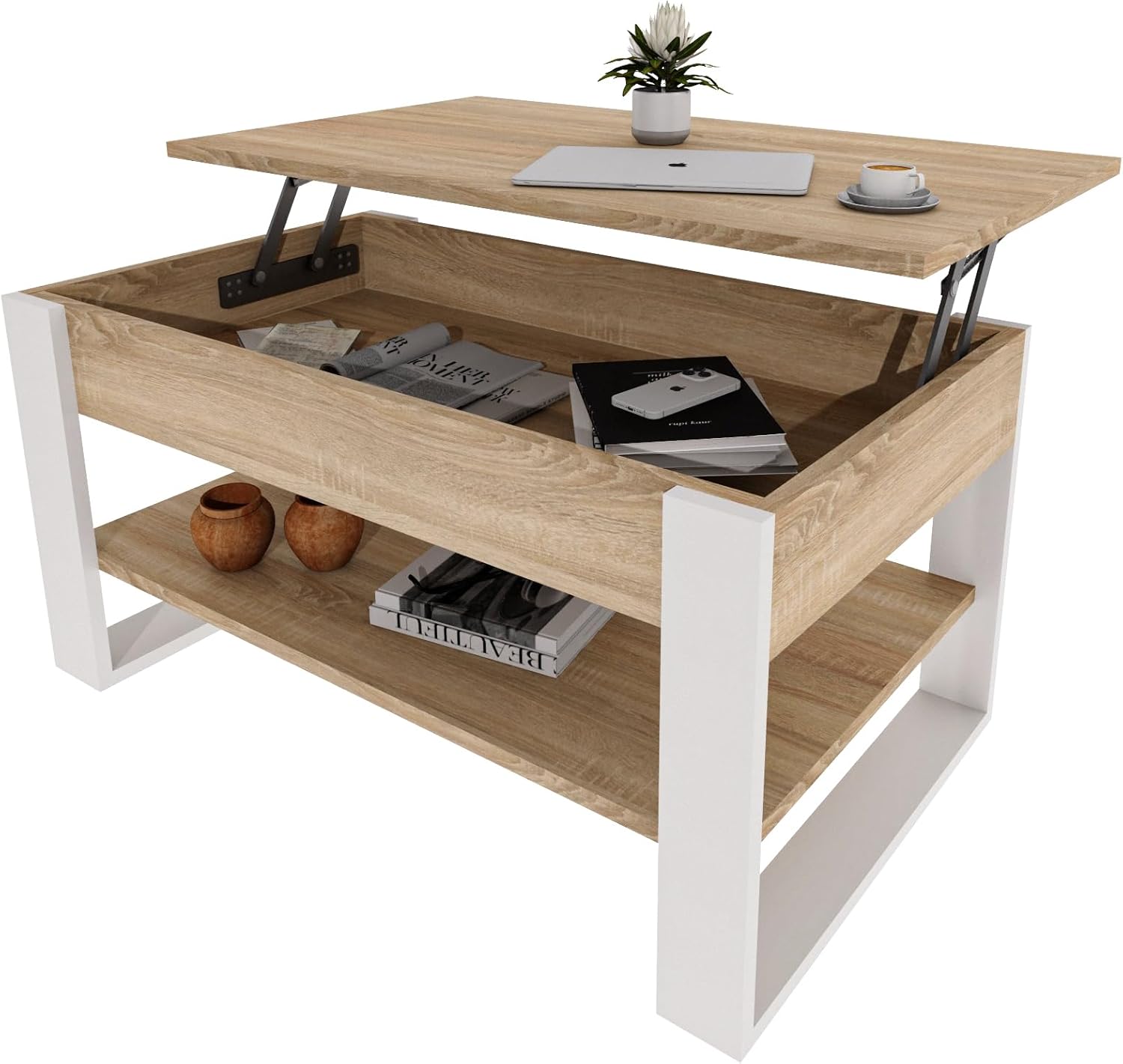 Couchtisch mit anhebbarer Platte | Höhenverstellbarer Wohnzimmertisch mit Stauraum | Sofatisch Eiche Sonoma Weiß modern mit Ablage & verstecktem Fach – Coffee Table für Wohnzimmer & Büro