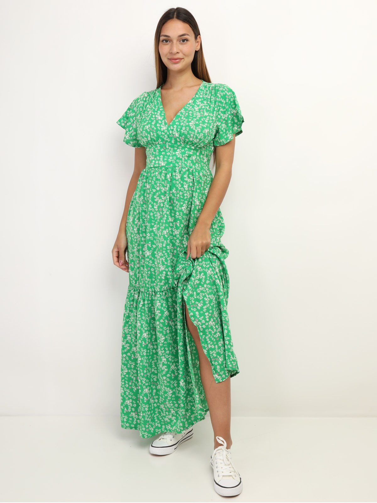 Robe fluide à fleurs fendue- Vert