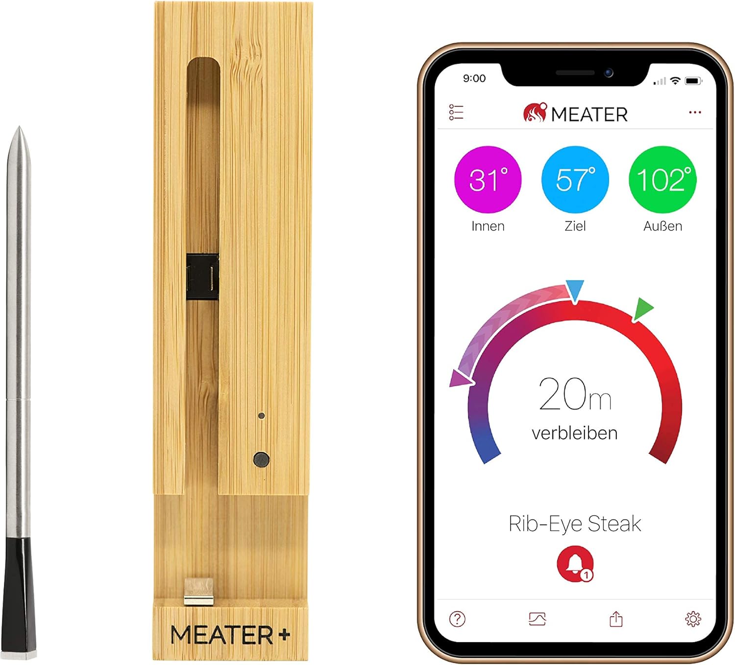 MEATER Plus | Das Kabellose, Smarte Fleischthermometer mit 50m Reichweite Für Ofen, Grill, Pfanne und Rotisserie Perfekter Fleischgenuss via App in Deutscher Sprache