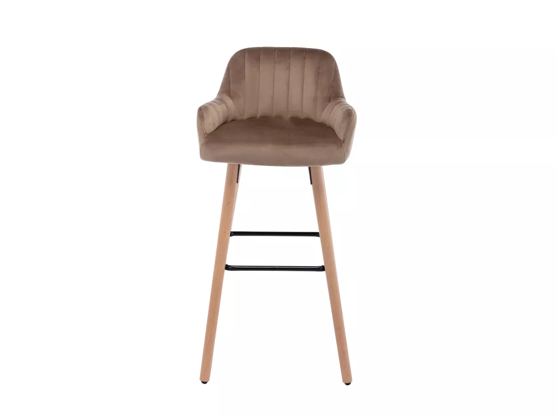 Tabouret de bar en velours et pieds bois de hêtre - Beige - ELEANA
