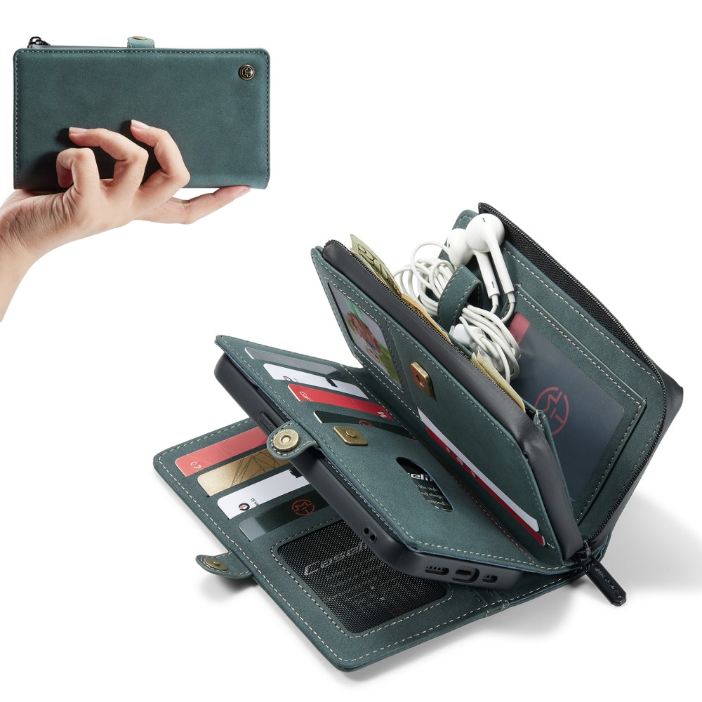 iPhone 13 Pro 3in1 Leder Tasche   Magnet Hardcase Karten Etui - Blau / Grün