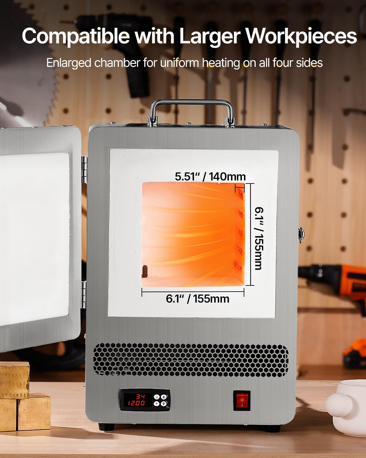 VEVOR Tisch-Schmelzofen 1500 W leistungsstarker elektrischer Ofen 1200 ℃ maximale Temperatur, Goldschmelzofen aus Edelstahl für Wachsguss Ton-DIY Metalltemperierung Glasieren auf Keramik, Silber