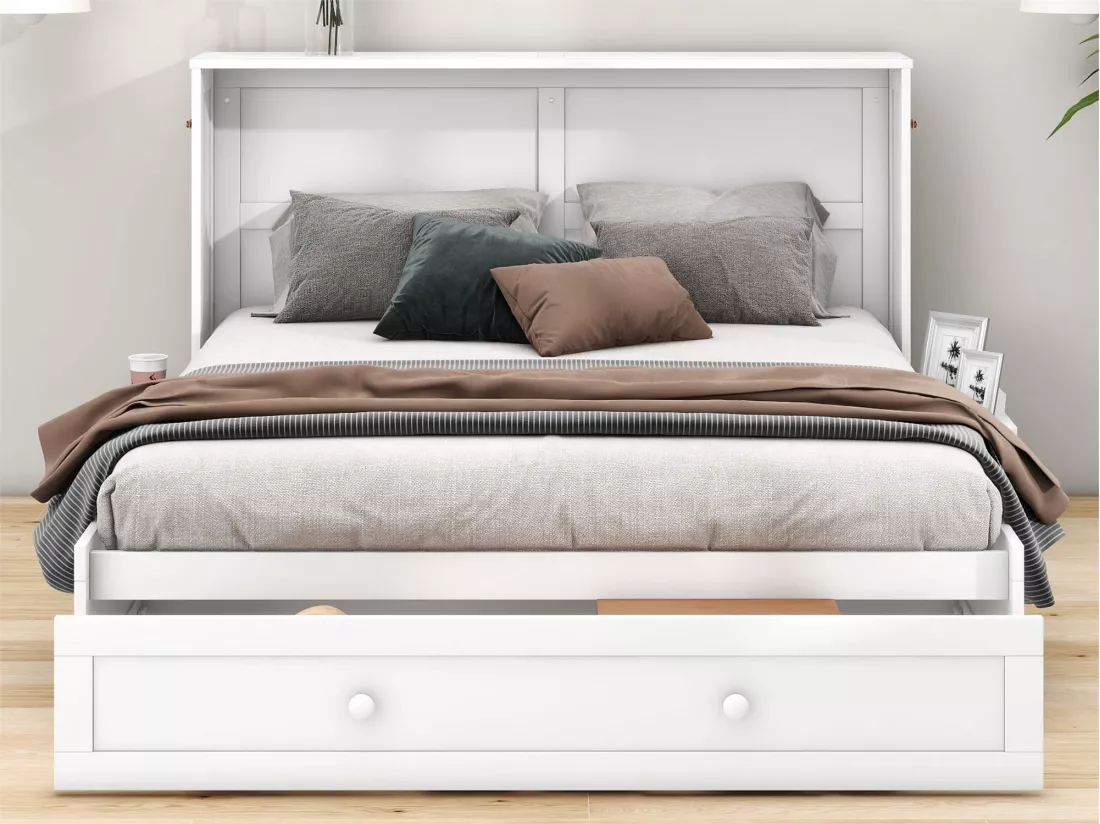 Lit escamotable mobile - 140 x 200 cm - lit convertible - tiroirs et étagère - pin et MDF - blanc
