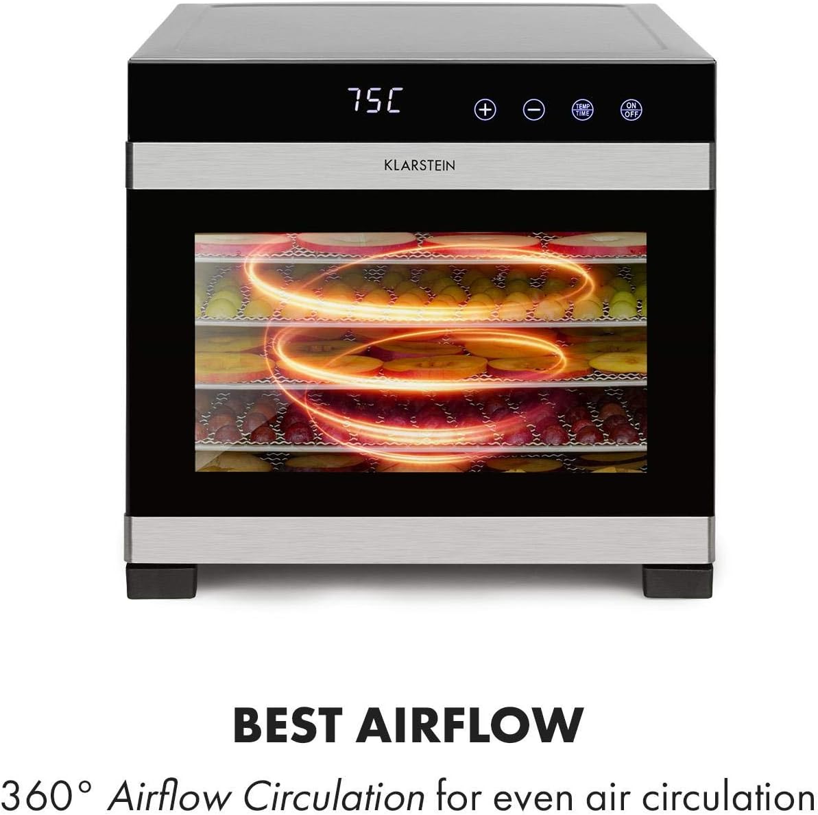 Klarstein Flavour Dry Dörrautomat Mit Edelstahl-Gehäuse, 6 Ablagegitter, LCD-Touch-Display, Timer, 360° Airflow Circulation, Digitaler Thermostat, 35-75 C°
