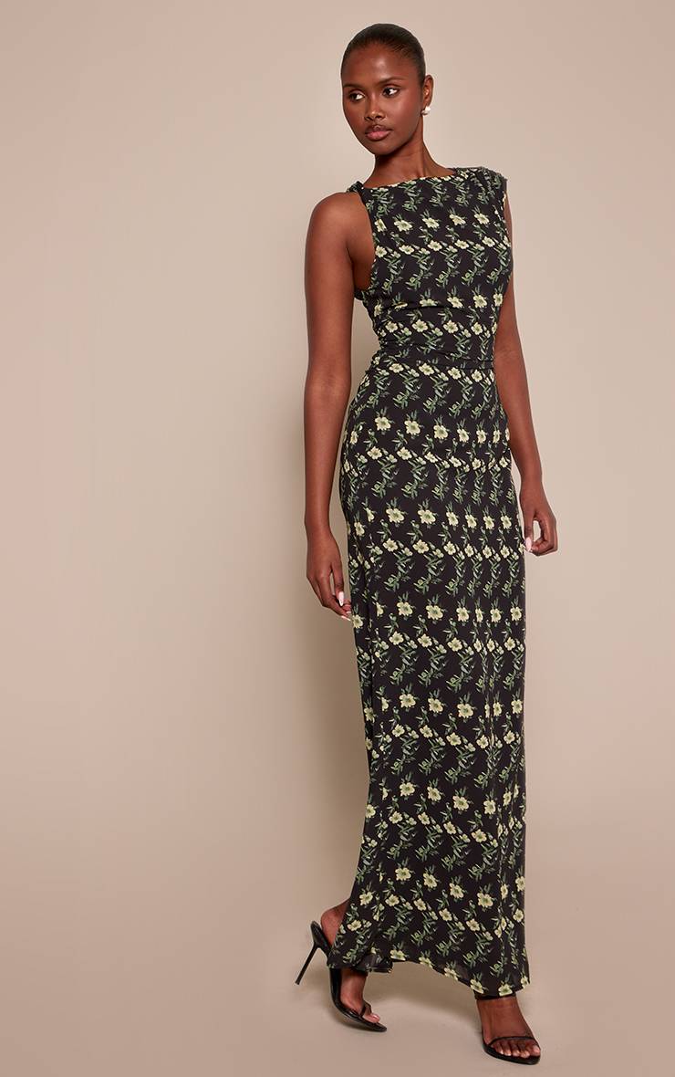 Noir Robe Longue Maxi En Mousseline Fleurie Froncée À Imprimé Floral