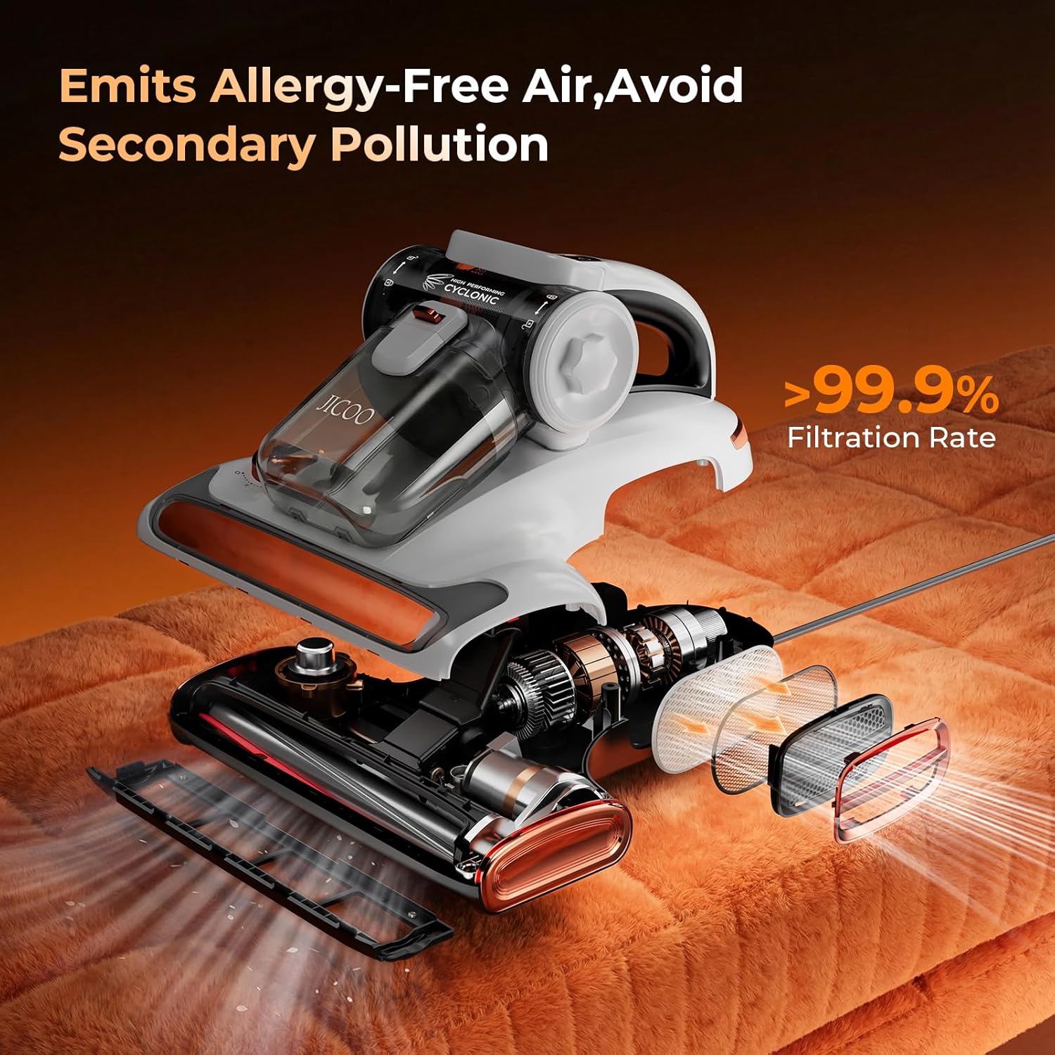 JIGOO T600 Milbensauger mit UV-Licht & Heißluft [700W/15kPa] – 99,9% Allergen-Entfernung, Duftende Negative Ionen, Für Matratzen/Sofas/Teppiche (Leise & Effizient)