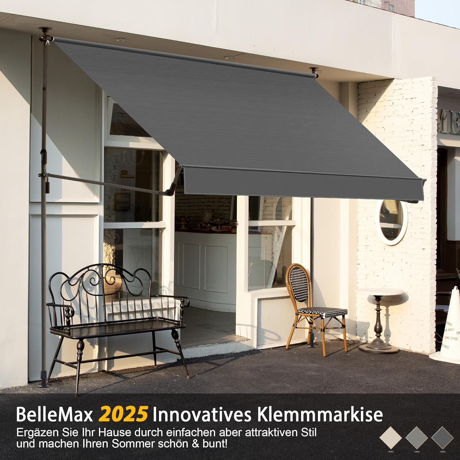 BelleMax Klemmmarkise ohne Bohren mit Handkurbel Balkon, Anthrazit 200 cm x (125 + 25) cm, Balkonmarkise Faltbarem Seitenarm, Markise UV-Schutz & Sonnenschutz, Wasserdicht Höhenverstellbar