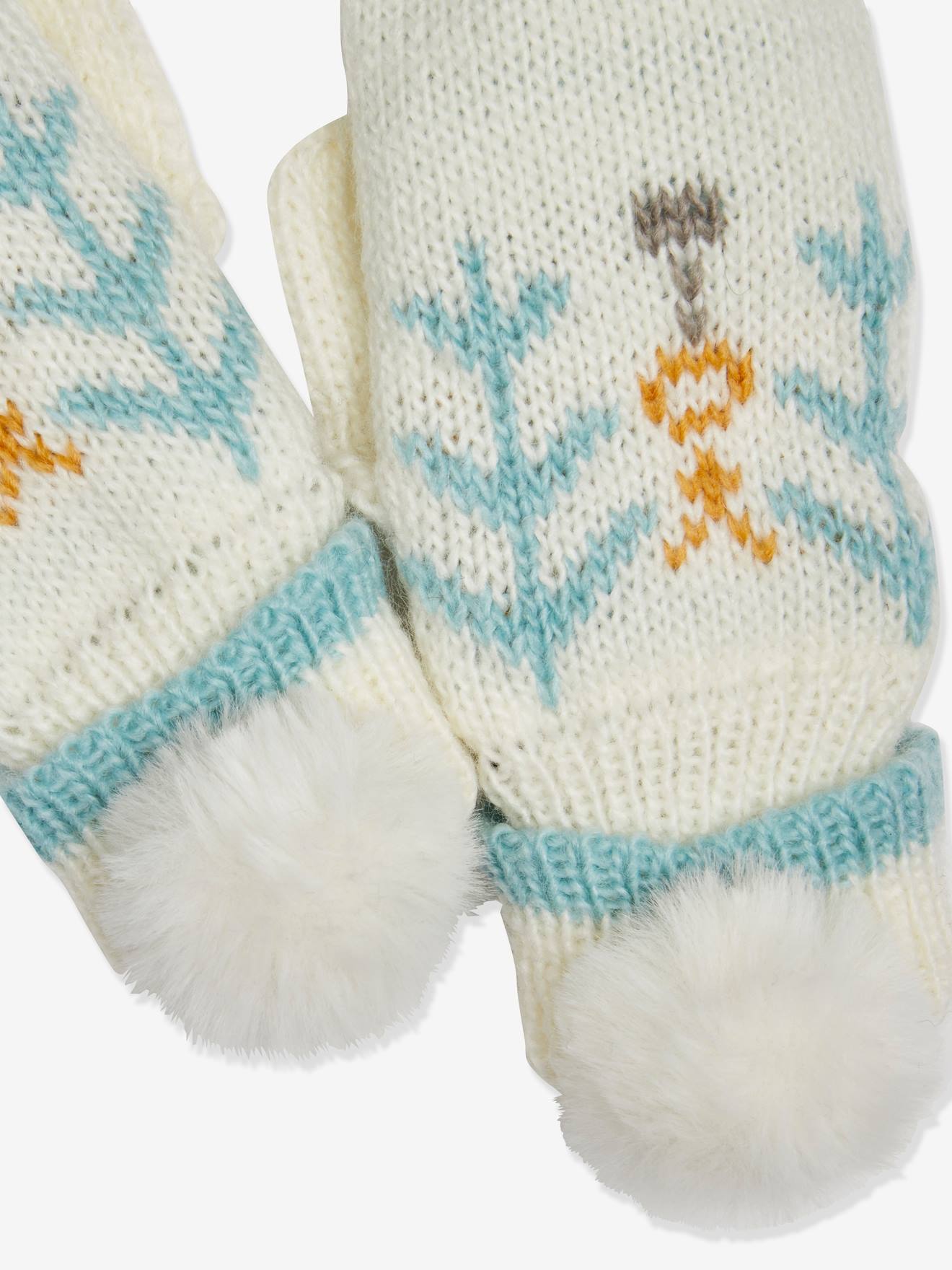 Luvas femininas de malha jacquard com pompons de pele sintética estampada em bege claro com certificação Oeko-Tex®.