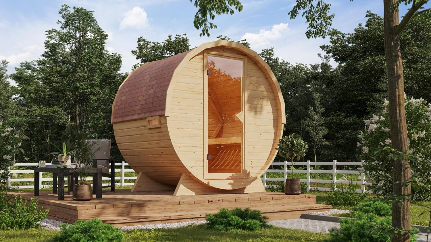 Karibu Fasssauna 1 Set naturbelassen mit Ofen 9 kW integrierter Steuerung, Kabel, Schindeln Außensauna