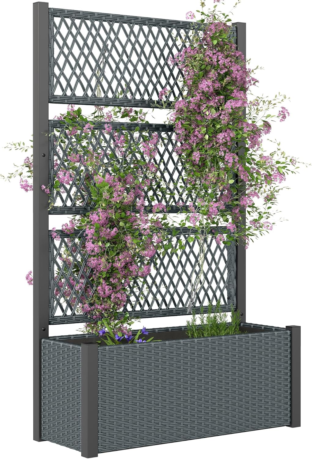 Outsunny Hochbeet mit Rankgitter in Rattan-Optik Pflanzkasten Blumenkasten mit Rankhilfe für Kletterpflanzen Blumenbeet Pflanzkübel Blumenkübel Rankkasten für Garten, Balkon 90 x 35 x 148cm Dunkelgrau