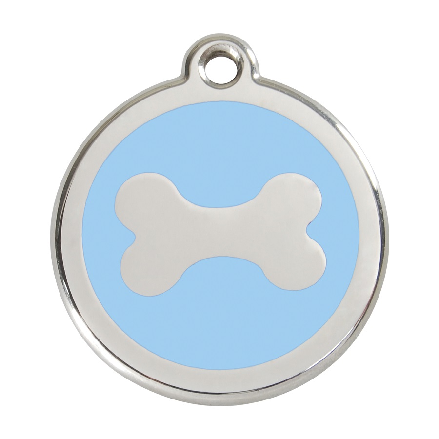 Placa de identificação para cães em aço inoxidável com esmalte azul claro em formato de osso.