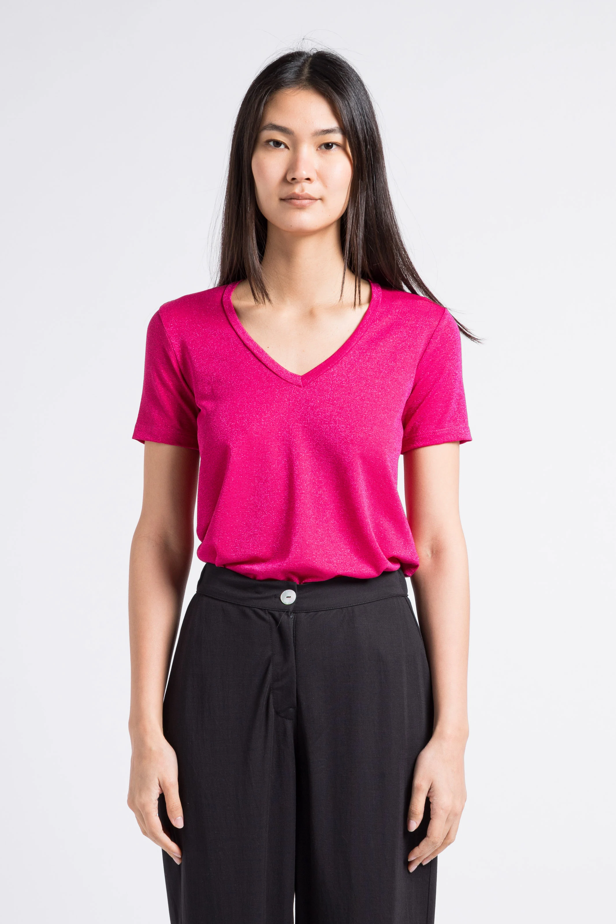 T-shirt col V en fibres métallisées | Rose