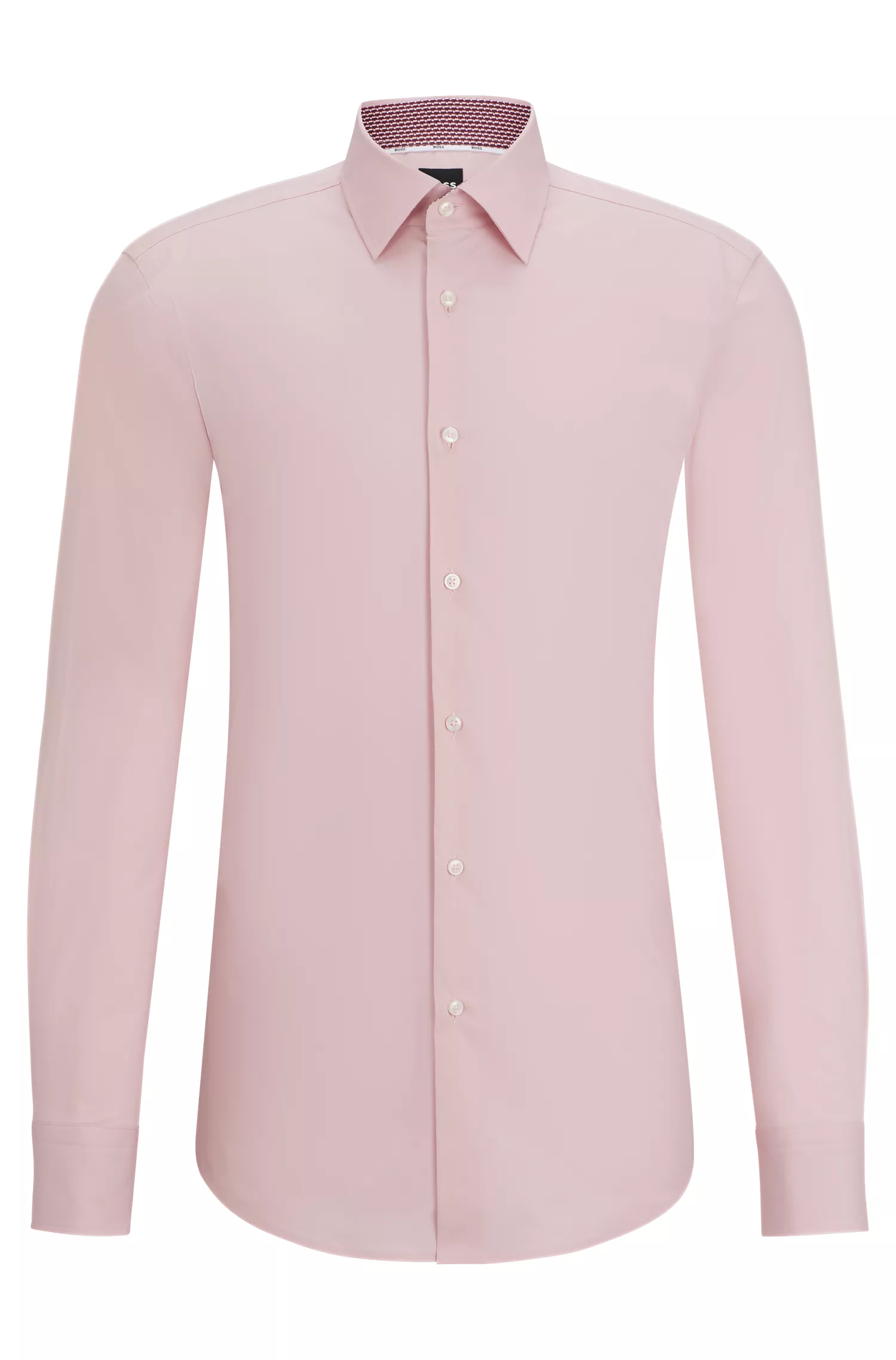 Camisa BOSS preta de corte slim, confeccionada em popeline de algodão elástico de fácil passar.