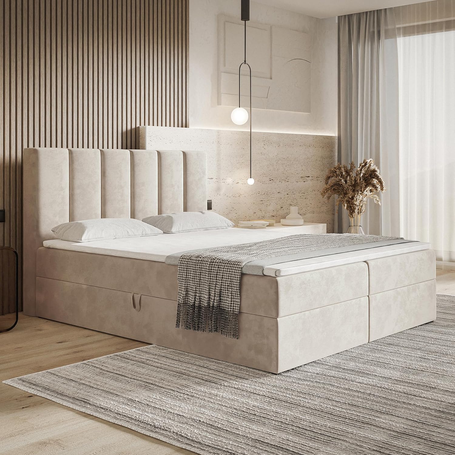 Santiago Boxspringbett 160x200 Beige Samt, mit Bonellfederkern-Matratze (H4), mit T28 Komfortschaumstoff Topper (H3), Boxspringbett 160x200 mit Bettkasten Beige (Creme)