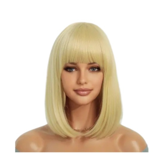 (36cm) Long Bob Perücke mit Pony Fasnacht Kostüm Zubehör Motto Party / Halloween Accessoire inkl. Haarnetz - Blond