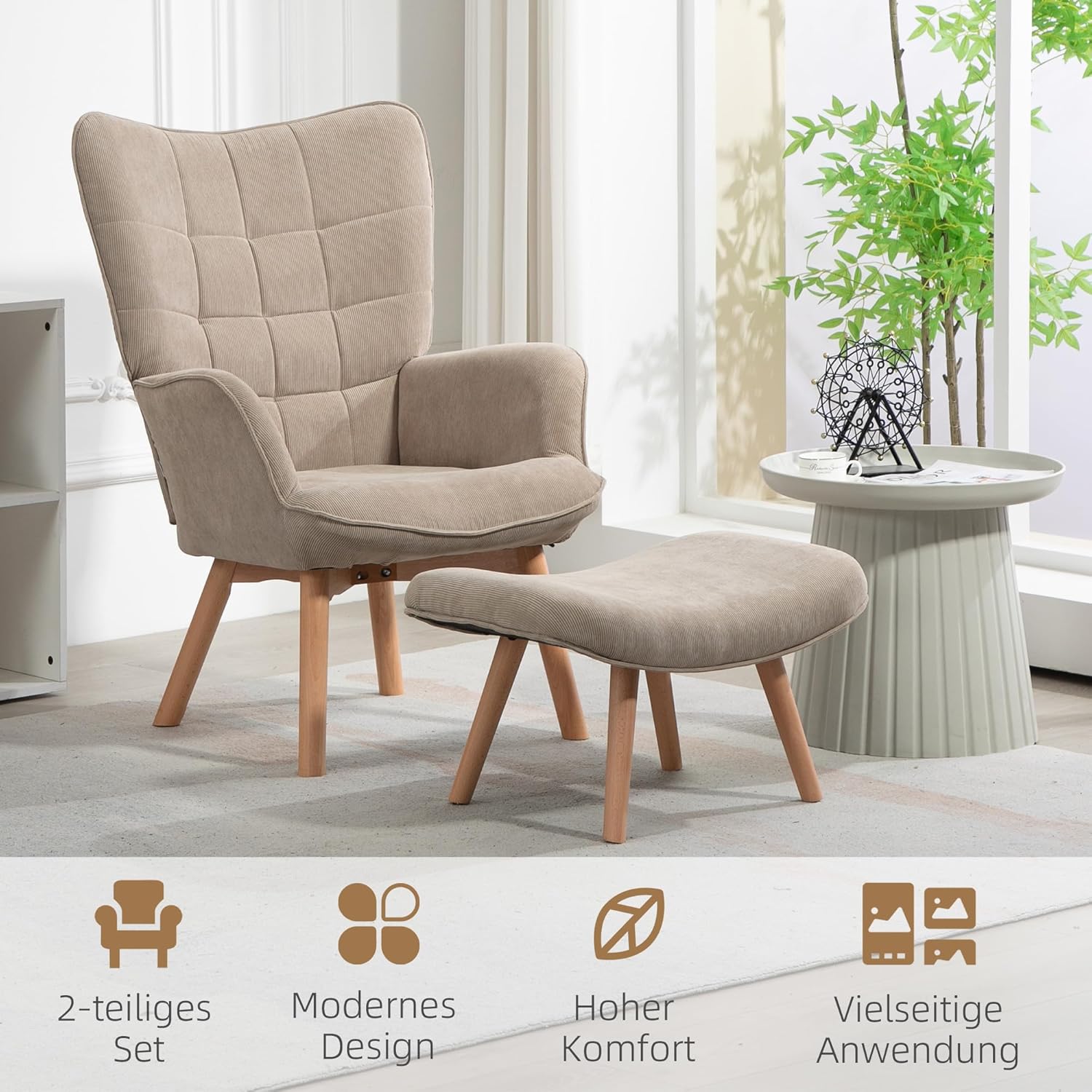 HOMCOM Ohrensessel mit Hocker Sessel Loungesessel mit Cord-Optik, Modern Relaxsessel, Armlehnensessel Lesesessel für Wohnzimmer, Schlafzimmer, Hellbraun