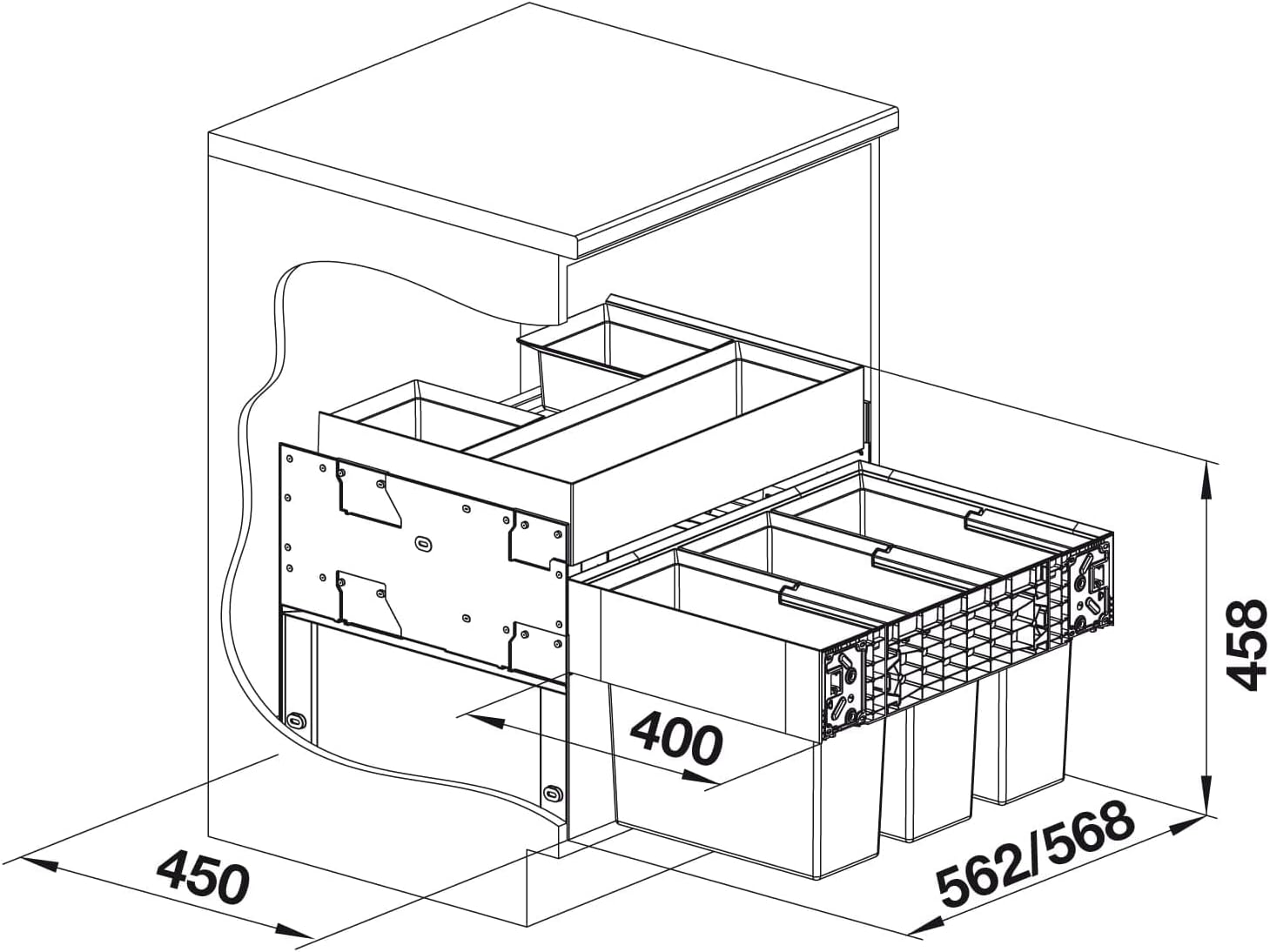 BLANCO SELECT II 60/3 Orga | Abfall Müllsystem | für 60 cm breite Unterschränke | Auszugssystem zur Frontanbindung | Organisationsschublade | 3 x 15l Eimer | 400mm Auszugstiefe | [56,8x40x47,3 cm]