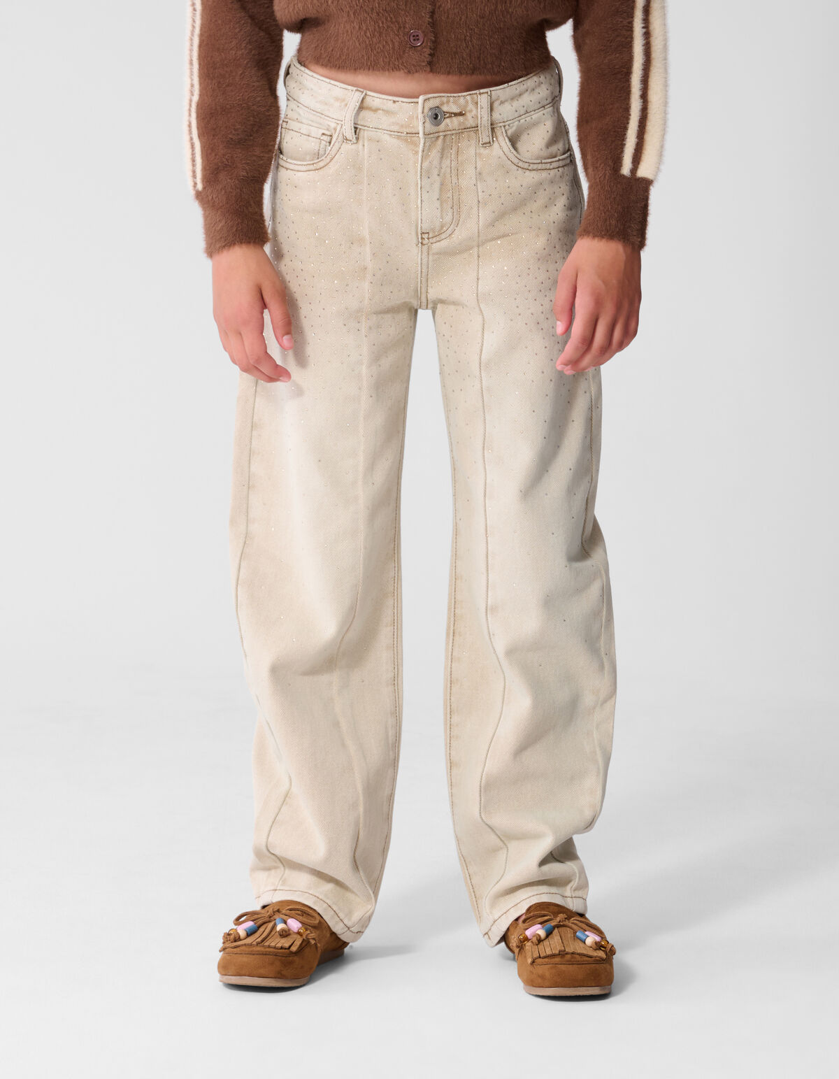 Strass Barrel Fit Jeans Zand