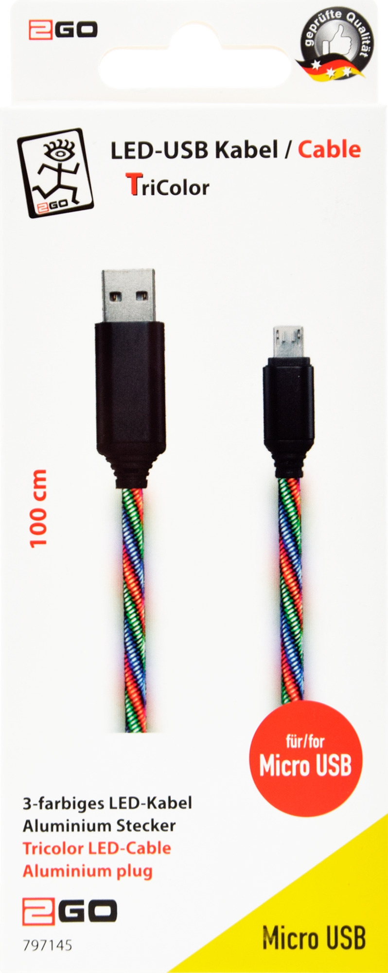 2GO USB Kabel Tricolor LED 100 cm Micro USB Kabel