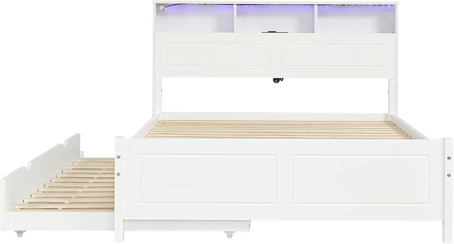Holzbett Doppelbett 120x200&90x190 cm, Funktionsbett mit ausziehbarem Bett, Kopfteil mit LED-Lichtstreifen&Ladefunktion&Staufach, Bettgestell Gästebett Flachbett mit Lattenrost, Ohne Matratze, Weiß