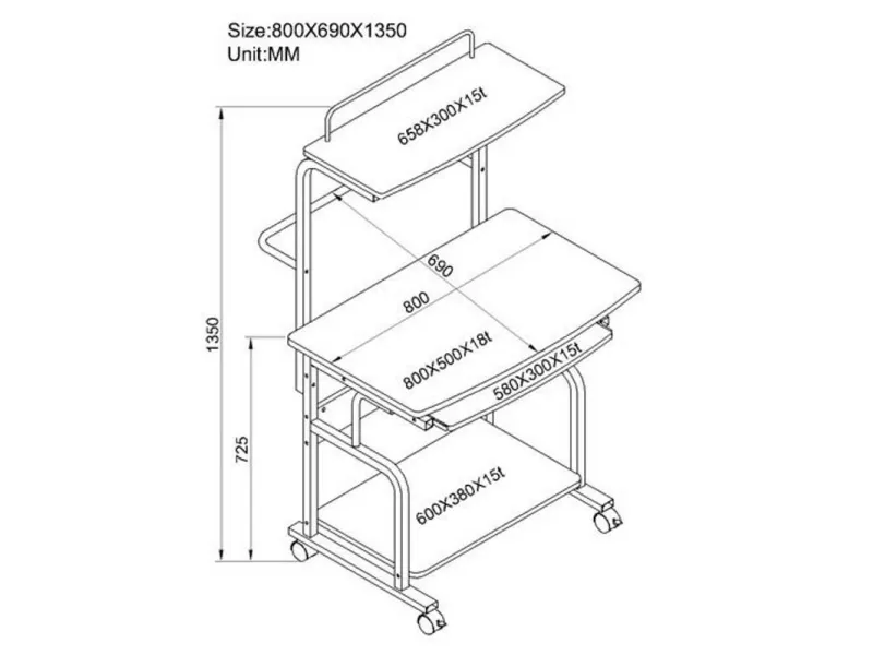 TECHly - Vogn med hjul - for LCD-display/tastatur/mus/CPU/printer - metal, MDF - blank sort, sølv
