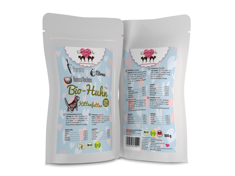 KatzenLiebe Nassfutter Kitten Bio-Huhn mit Bio-Karotte, 100 Premium Bio-Ergänzungsfuttermittel für erwachsene Katzen