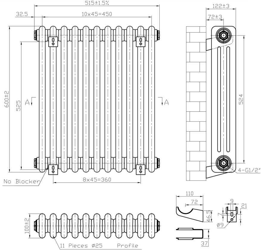Eastbrook Imperia 3 koloms radiator 50x60cm 1040W zwart mat