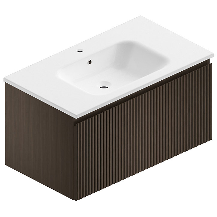 Meuble sous vasque à suspendre Pura placage noyer strié 90 cm + Plan vasque en résine blanc brillant