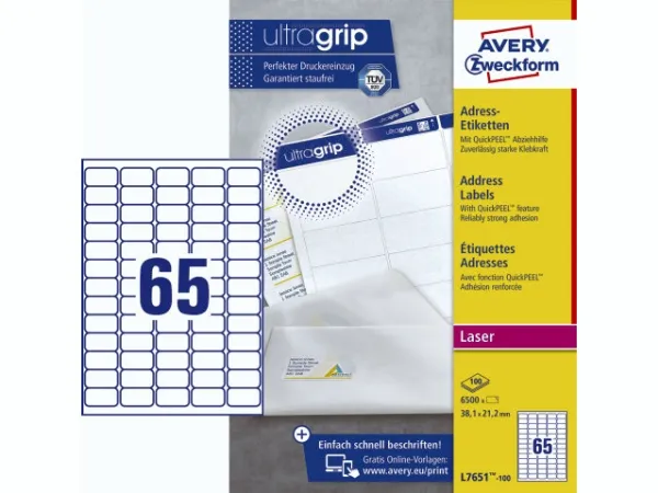 Laseretiket Avery 38,1x21,2 mm hvid med QuickPEEL™ - (100 ark x 65 stk.)