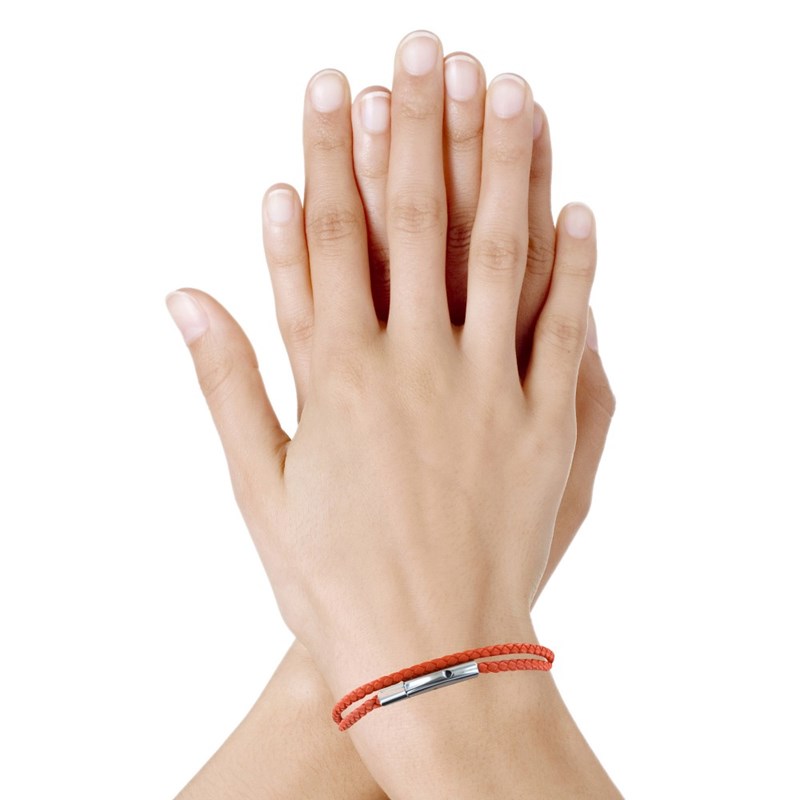 Bracelet Femme Double Tour Cuir Tréssé Rond pour Poignet de 18cm - Orange