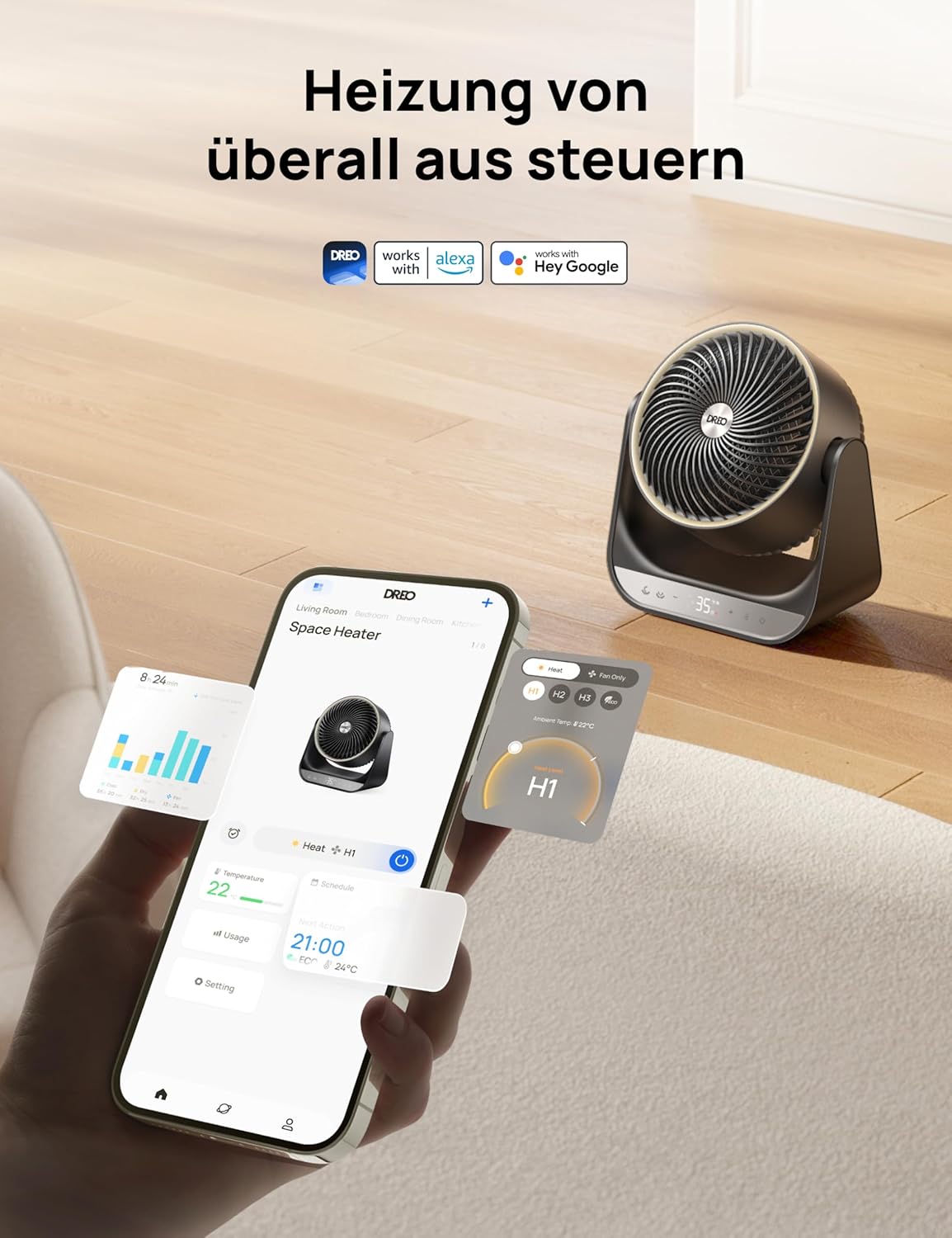Dreo Heizlüfter für Innenräume, 2000W Elektroheizer mit Fernbedienung und Thermostat, 7 Modi, Überhitzungs- & Kippschutz, tragbarer Heizstrahler für den ganzen Raum, Schwarz, Ganzraum-Heizgerät 714S