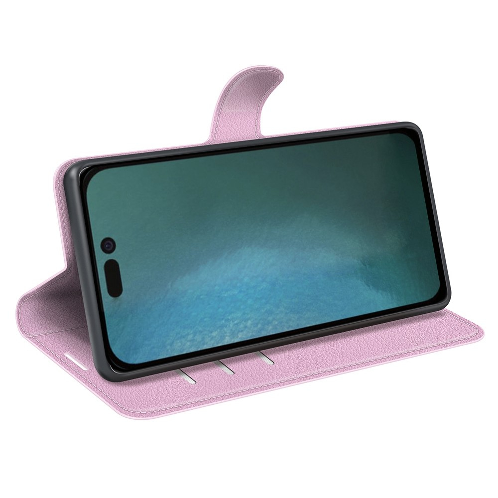 iPhone 14 Pro Max Leder Tasche Flip Cover Litchi Look - Rosa