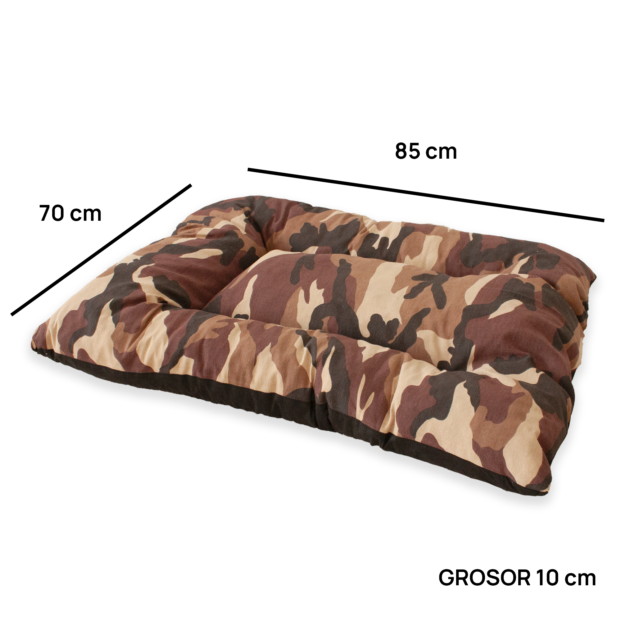 Almofada grande acolchoada para animais de estimação com enchimento camuflado. Marrom e preto. 85 x 70 x 10 cm