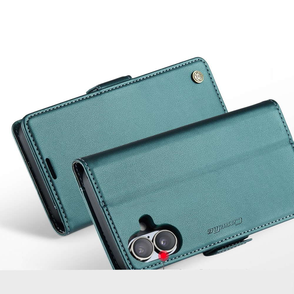 iPhone 16 Leder Tasche Flip Wallet Etui mit Kartenfächern Litchi Look (RFID Schutz) - Grün