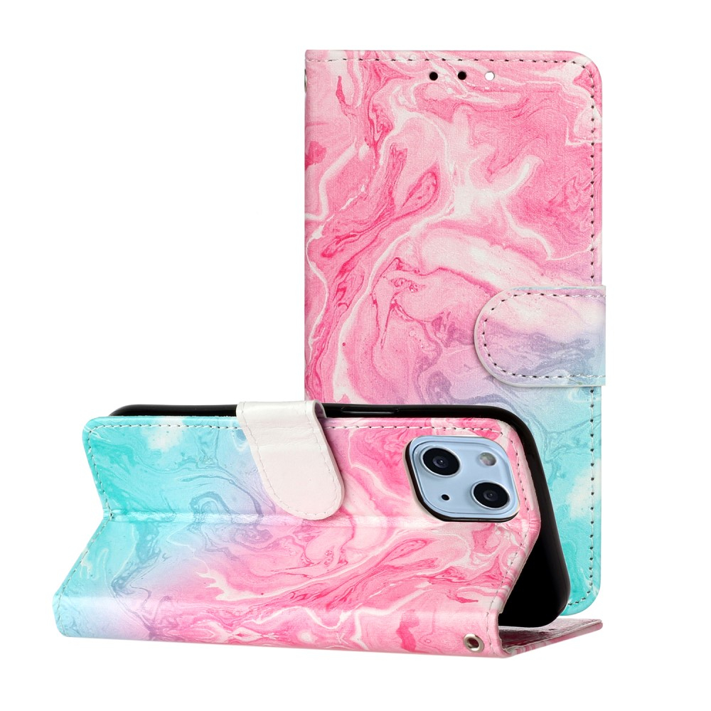 iPhone 13 Leder Tasche Flip Cover Marmor Marble - Rosa / Türkis