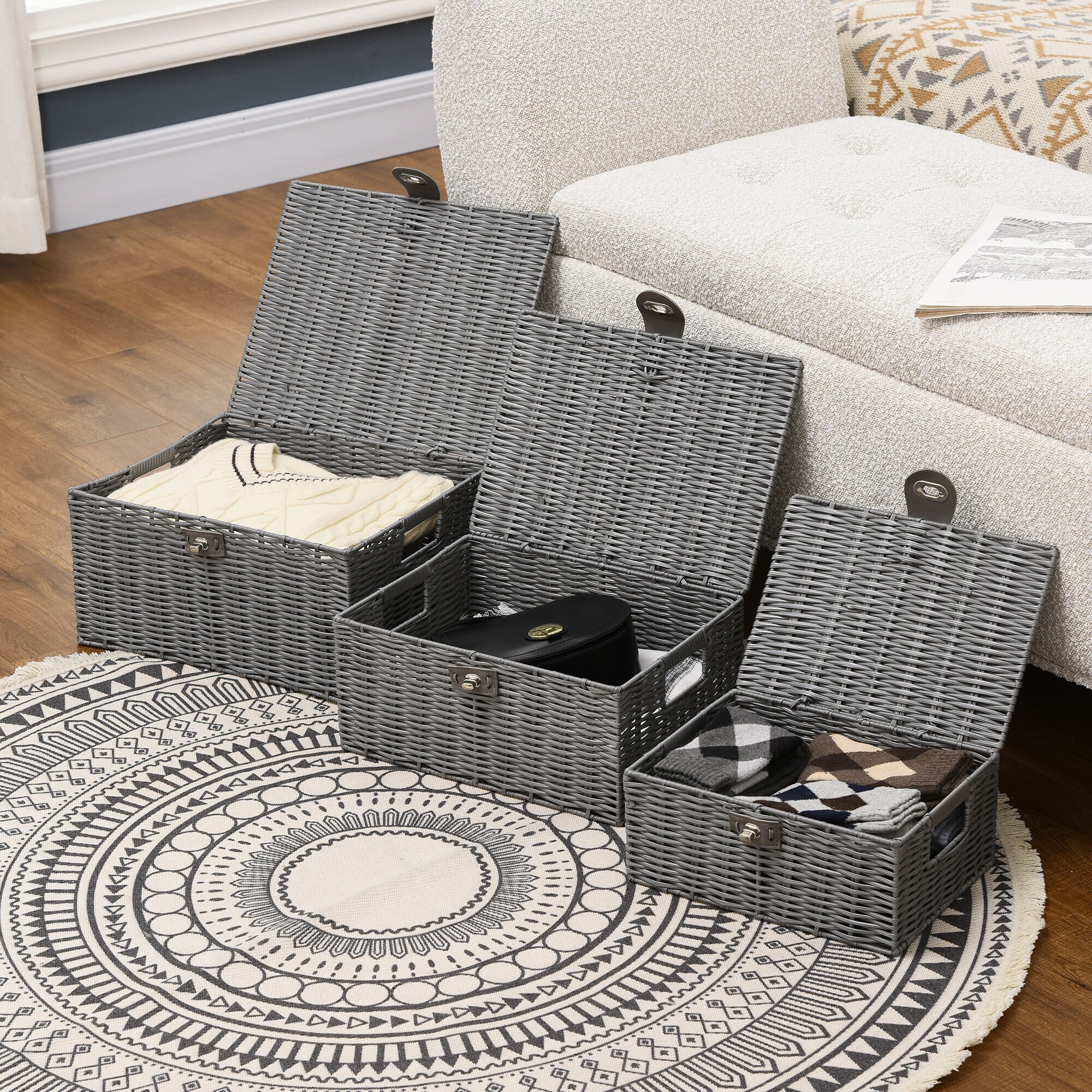 HOMCOM Aufbewahrungskörbe Set mit Verschluss grau 35,5L x 28,5B x 18H cm