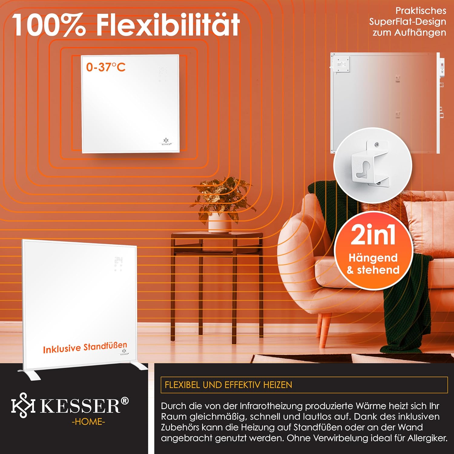 KESSER® Infrarotheizung Energiesparend Infrarot Standgerät & Wandmontage Elektroheizung 350W mit Fernbedienung Thermostat & App-Steuerung Elektrisch Heizpaneel Heizung Konvektor Standfüße