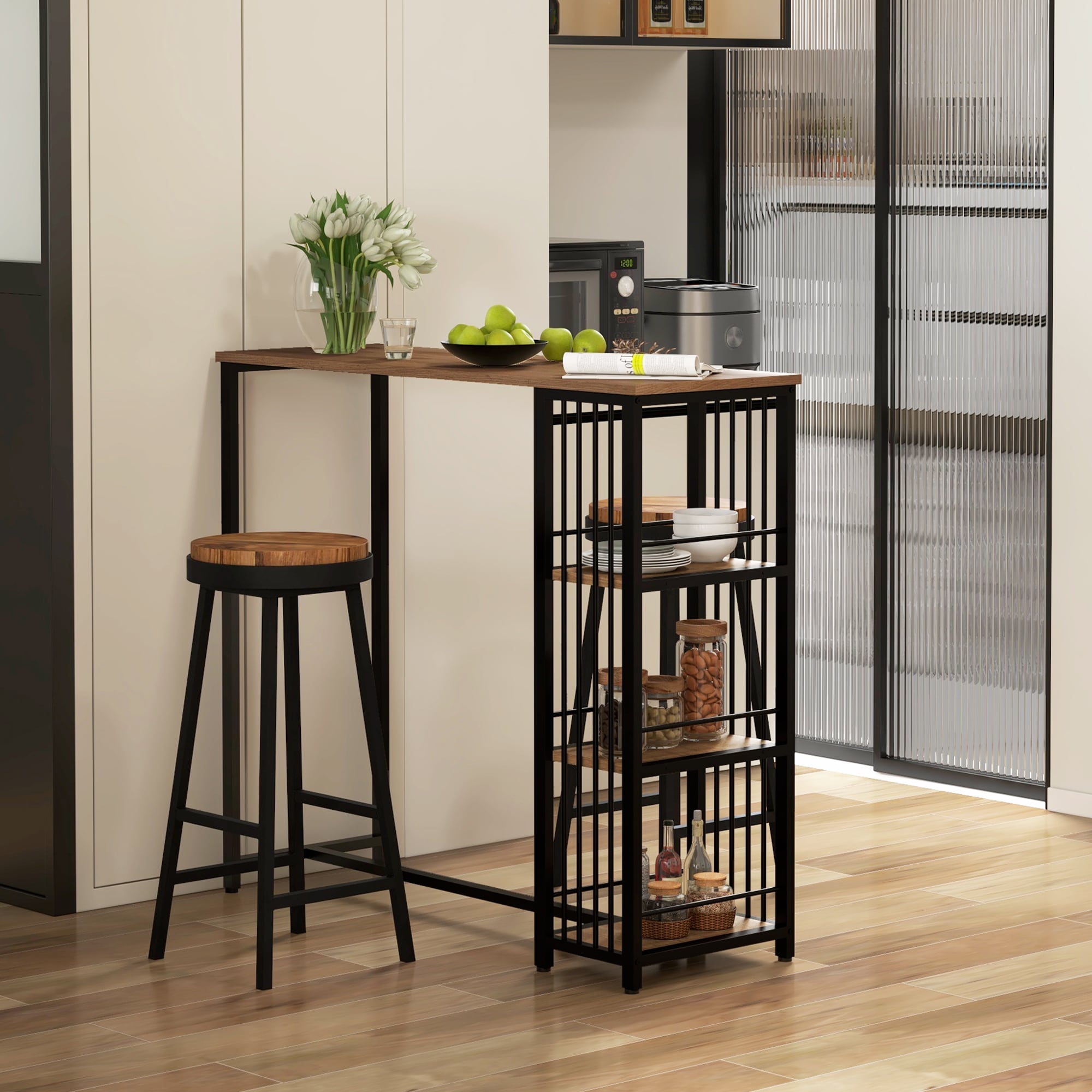 HOMCOM Bartisch mit 3 Ablagefächern braun 120L x 40B x 105H cm