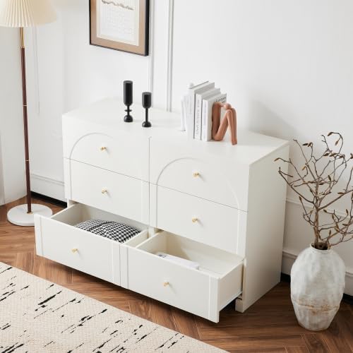 Merax Sideboard Weiß – Romantischer Luxus-Kommodenschrank mit 6 Schubladen, Elegantes Design mit geschwungenen Bögen und Metallgriffen, 120x40x82 cm für Wohnzimmer, Schlafzimmer oder Flur