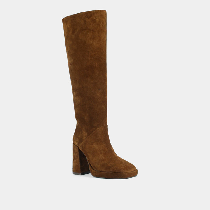 Bottes à talons hauts et bouts carrés  en croute cognac