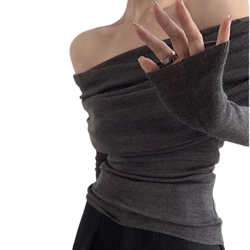 Maido - Lange mouwen off-shoulder effen gebreide top