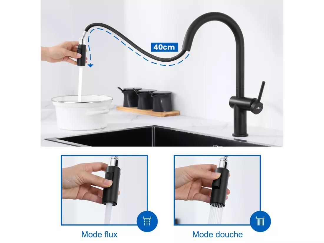 Mitigeur Cuisine Noir avec Douchette Haute Pression,Acier Inoxydable,Robinetterie Cuisine Extractible Pivotant à 360°, avec 2 Types de Jets